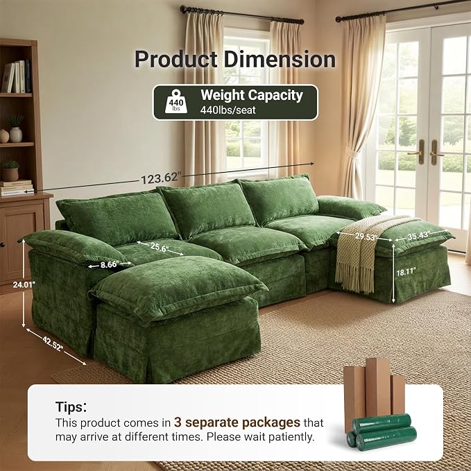 Claiks 123" Modular Boneless Couch, U Shaped Couch for Living Room, Modern Deep Seat Sofa 3 Seater Chenille Fabric Comfy Cloud Couches with Movable Ottoman, Dark Green