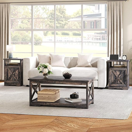 AMERLIFE 3-Piece Farmhouse Table Set Includes Coffee Table& Two End Tables, Side Table with Charging Station and USB Ports, for Living Room, Dark Oak