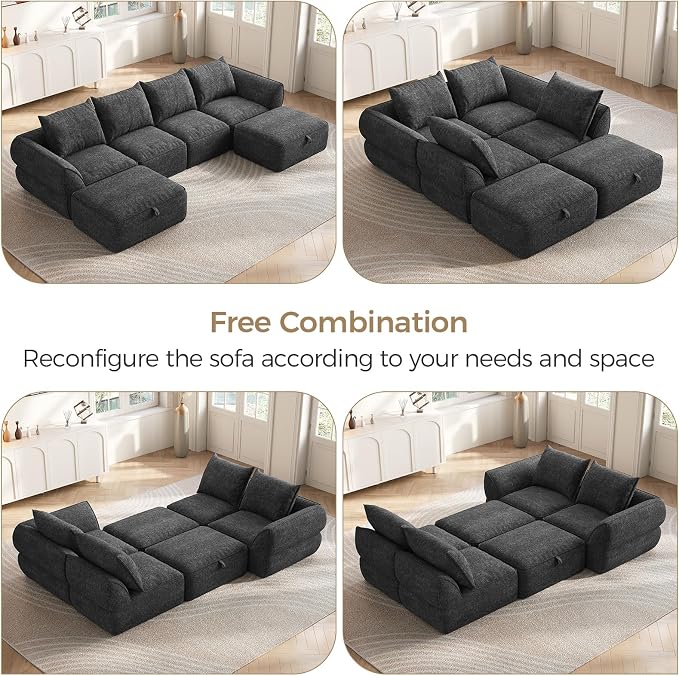 132" Modular Sectional Sofa with Deep Seat, U-Shaped Cloud Couch for Living Room, 4-Seater Boneless Sofa with 2 Ottomans, Flexible Combination Modern Upholstery Sofa, No Assembly Required, Dark Gray