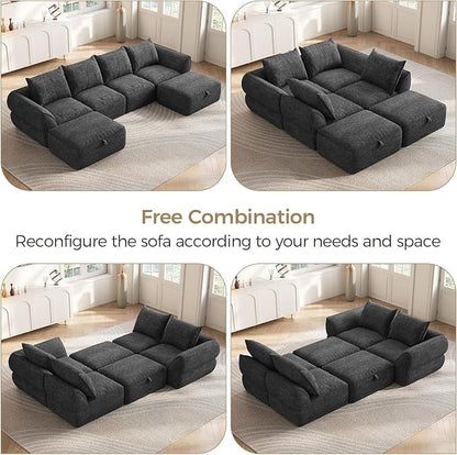 132" Modular Sectional Sofa with Deep Seat, U-Shaped Cloud Couch for Living Room, 4-Seater Boneless Sofa with 2 Ottomans, Flexible Combination Modern Upholstery Sofa, No Assembly Required, Dark Gray