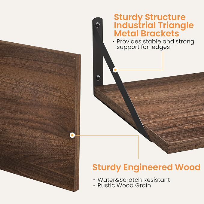 Heimlove 12 Inch Deep Floating Shelves for Wall, 28W x 12D Wood Wall Shelves Set of 2, Walnut Wide Floating Bookshelf for Living Room, Kitchen, Office, Bedroom, with Black Metal Bracke - Walnut