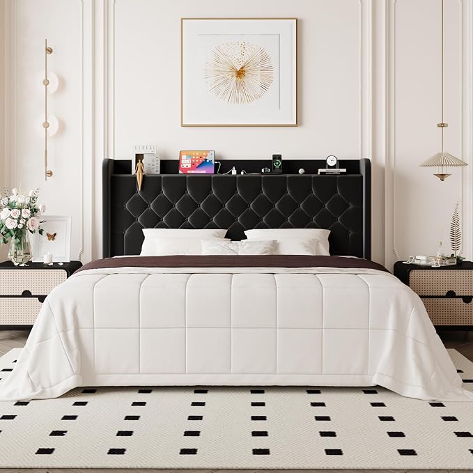 Allewie King Size Bed Frame, Storage Headboard with Charging Station, Wingback Velvet Upholstered, Diamond Stitched Button Tufted, Sturdy Wooden Slats, No Box Spring Needed, Easy Assembly, Black