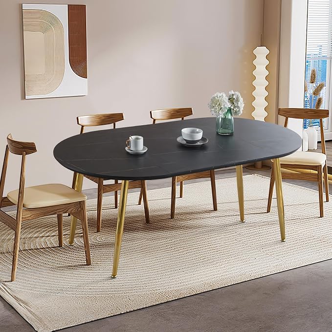 70” Extendable Round Dining Table for 4 6 Modern Oval Dining Room Table Expandable Large Dinner Table for Kitchen Faux Marble Top Gold Metal Leg Black