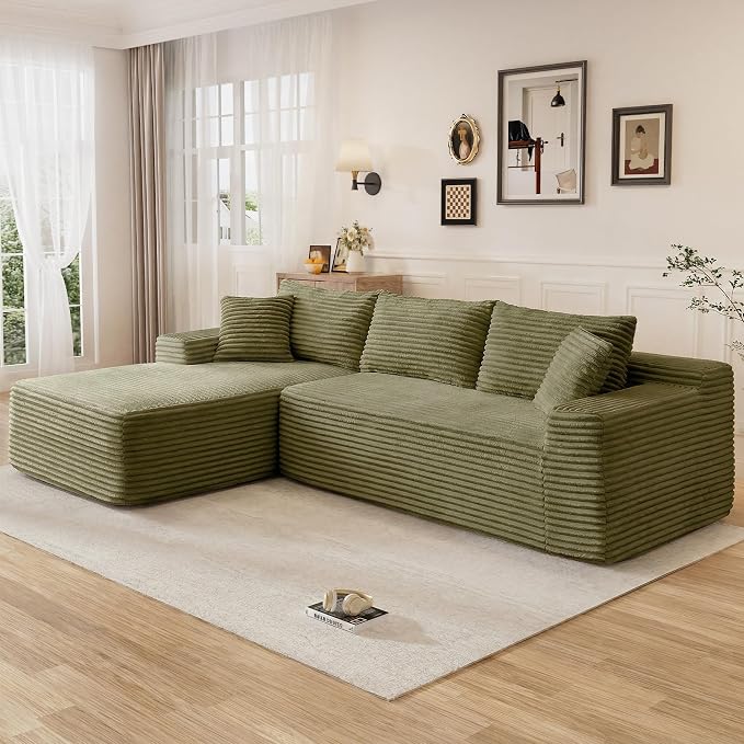 95" L Shaped Cloud Boneless Sectional Couches for Living Room, Modern Comfy Modular Deep Seat Memory Foam Compressed Corduroy Sofa Oversized Left Facing Chaise, No Assembly Required, Green