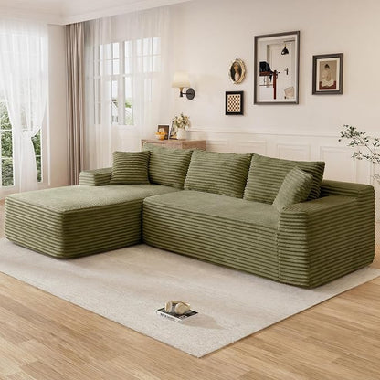 95" L Shaped Cloud Boneless Sectional Couches for Living Room, Modern Comfy Modular Deep Seat Memory Foam Compressed Corduroy Sofa Oversized Left Facing Chaise, No Assembly Required, Green