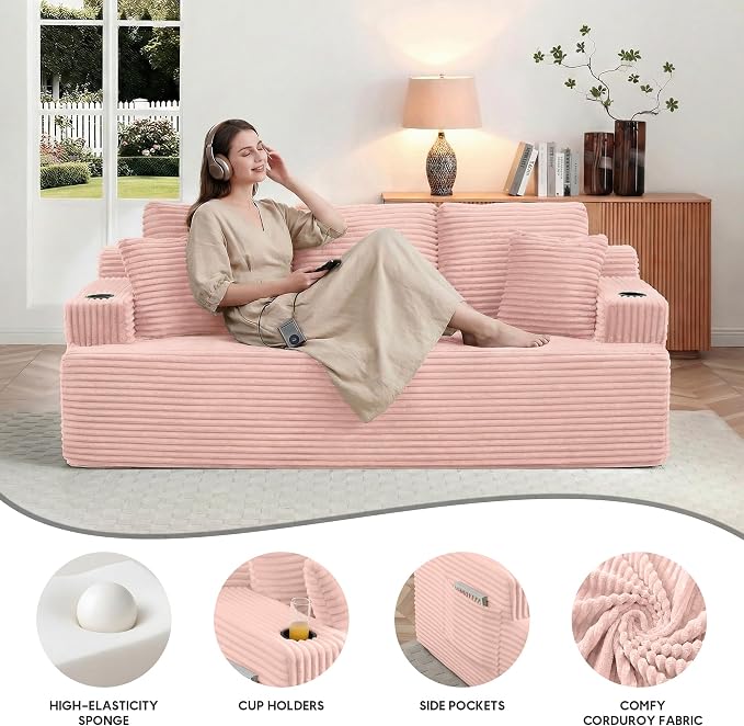 86.2'' Boneless Sofa Couch with Cup Holders & Side Pockets, Modern Corduroy Fabric Upholstered 3-seat Couch with 2 Throw Pillows for Living Room, Office, No Assembly (Pink)