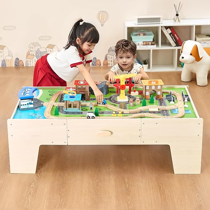 VEVOR Train Table, 62 Multicolor Pieces Wooden Kids Activity Table with Large Storage Drawer, 3-in-1 Wooden Train Set for Playing, Drawing, Reading, Eating, Creative Toy Set for Kids Ages 3+