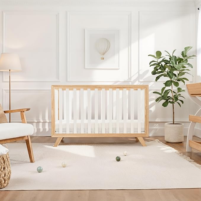 Comfy Cubs Baby Crib for 0 to 3 Years - Adjustable Mattress Height, Natural Wooden Crib for Baby, Elegant Nursery Furniture - 80 lbs Capacity Nursery Bed - White Bars with Natural Wood Frame and Legs