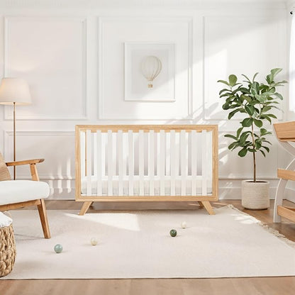 Comfy Cubs Baby Crib for 0 to 3 Years - Adjustable Mattress Height, Natural Wooden Crib for Baby, Elegant Nursery Furniture - 80 lbs Capacity Nursery Bed - White Bars with Natural Wood Frame and Legs