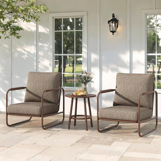 3 Pieces Aluminum Outdoor Patio Conversation Set, 6" Cushions & Coffee Table, All-Weather Rust-Resistant Frame for Porch Garden Backyard, Brown