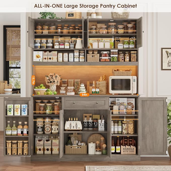 HIFIT 72.8” Tall Kitchen Pantry Cabinet with LED & Charging Station, 55” Wide Farmhouse Pantry Cabinet with Microwave Stand&Shelves&Swing-Out Door, Kitchen Hutch Coffee Bar for Living Room, Grey