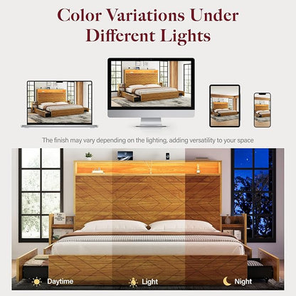 Queen Size Bed Frame with 2 Bedside Storage Racks & 4 Locking Drawers, 51.2" Tall Headboard with Charging Station & RGB LED Lights, Farmhouse Platform Bed Frame, No Box Spring Needed, Brown