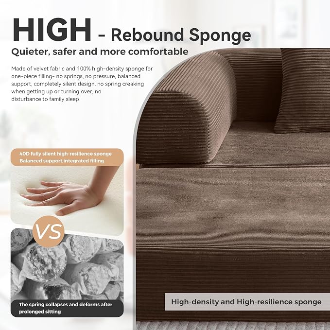 Upgrade High Backrest Design Sofa Bed with Fixed-Shape Frame & Removable Armrests and Backrest, Corduroy Fabric, Convertible Mattress Couch for Small Spaces - No Assembly Needed (Brown)
