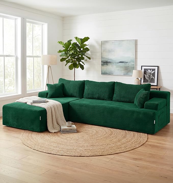Hobestluk Modular Sectional Sofa Couches L-Shape Couch 3 Seat Modular Sofa Memory Foam Sectional Couches for Living Room, Cloud Couch with Oversized Chaise (Green Corduroy, 108", Left Hand Facing)