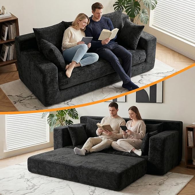 Boneless Couches 70", 3 Seater Boneless Couch with Pull Out Sofa Bed, Black Boneless Couch with 5 Pillows, Plush Velvet Sofa for Living Room & Bedroom