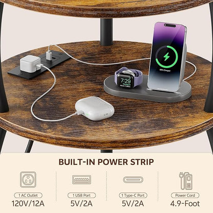 Round Side Table with Charging Station, USB Type C Port, Brown | Small Table with Basket, 3 Tiers Sofa Couch Table, Bedside Table for Living Room Bedroom, Garden,Small Spaces, 15.75in