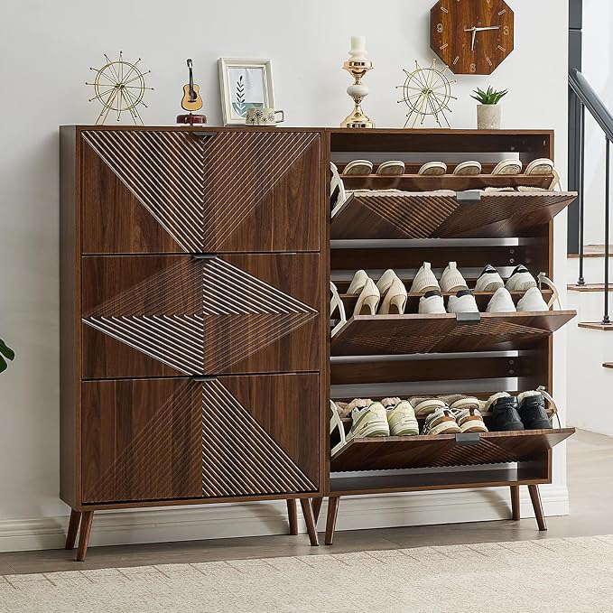 oakvivo Shoe Cabinet with 3 Flip Drawers, Freestanding Narrow Shoe Storage Cabinet for Entryway, Modern Shoe Organizer with 4 Wooden feet, Hidden Shoe Rack for Hallway Mudroom, Walnut