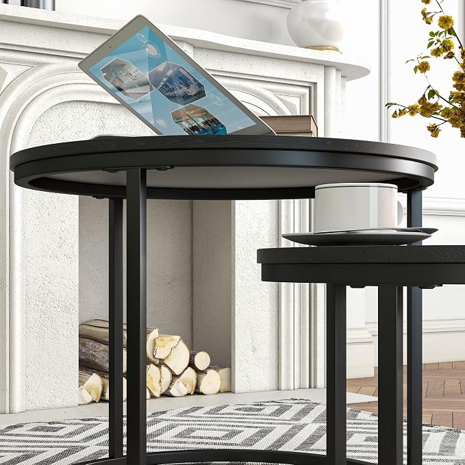 HOJINLINERO Round Coffee Table,Nesting Coffee Table Set of 2,Center Tables for Living Room,Office, Home Small Space,Stacking Side Tables,Sturdy and Easy Assembly,Wood Desktop,Black,Small