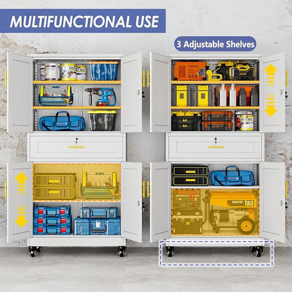71" Metal Garage Storage Cabinet with Wheels and Locking Doors | Tall Rolling Steel Tool Cabinet with 3 Adjustable Shelves for Garage,Home Office(White, 71" H x 35.43W x 15.74" D)