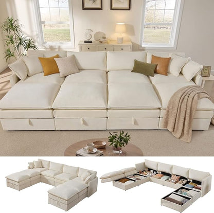 Ihanherry 135” Oversized Sectional Sofa Bed with Storage, 8-Seater Modular Cloud Couch with Movable Ottomans, Chenille Deep Seat Sleeper Couches for Living Room (Beige)