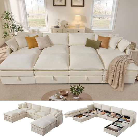 Ihanherry 135” Oversized Sectional Sofa Bed with Storage, 8-Seater Modular Cloud Couch with Movable Ottomans, Chenille Deep Seat Sleeper Couches for Living Room (Beige)