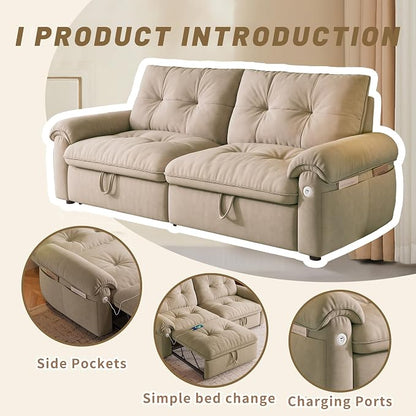 77.2'' Pull Out Couch Full Size, Pre-assembled Sleeper Sofa Bed, Flannel Convertible Futon Sofa Bed with Adjustable Backrest, USB, Side Pocket, Loveseat for Living Room, Apartment, Light Brown
