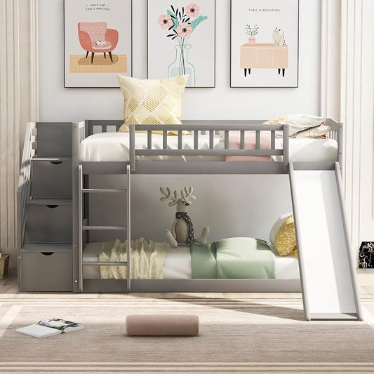 Ball & Cast Twin Over Twin Size Bunk Bed with Two Drawers and Slide,Wood Bunkbed w/Full-Length Guardrails & Storage Convertible Ladder,Space Saving,Slat Support,Bedframe for Child's BedroomGray
