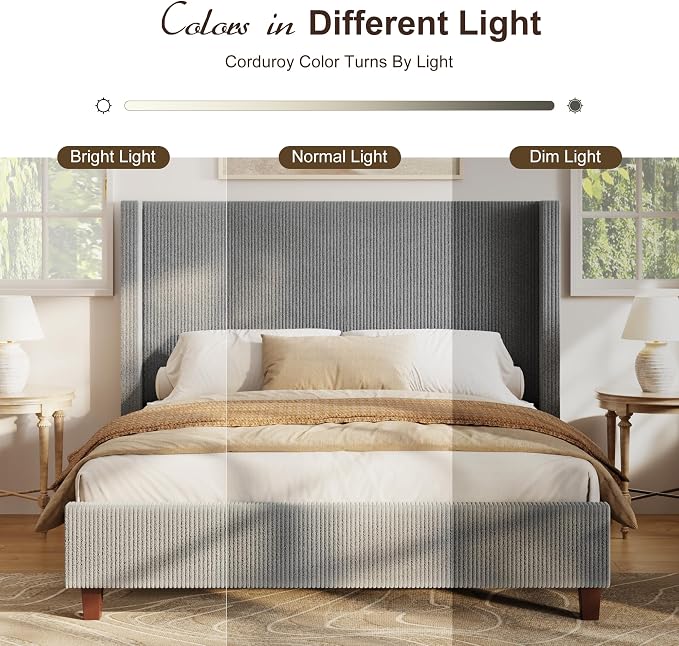 HOWE King Size Bed Frame with 50.8 Inch Corduroy Wingback Headboard, Gray | Modern Upholstered Platform Bed, Solid Wood Slats, No Box Spring Needed, Noise-Reducing Design