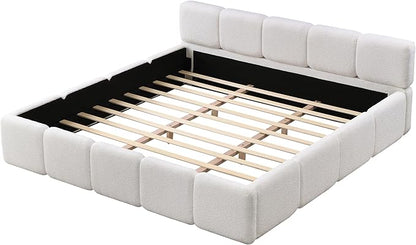 Merax California King Size Boucle Platform Bed with Thick Headboard and Footboard, Block Style Upholstery Floor Bed Frame, White