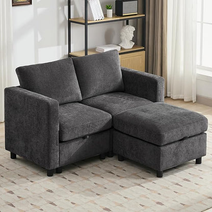 WUTUTUEE 25" Square Storage Ottoman for Modular Couch, Convertible Footrest with Hidden Compartment, Chenille Upholstered Coffee Table & Extra Living Room Seating, Dark Grey