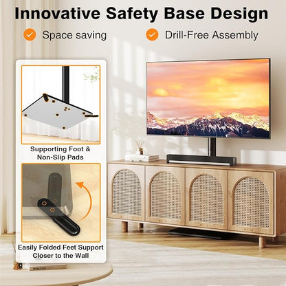 TVON Universal Floor TV Stand with Mount for Most 32-65 Inch TVs up to 88lbs, Height Adjustable TV Floor Stand with Wood Base for Space Saving, Tall Floor TV Stand for Bedroom, Corner & Living Room