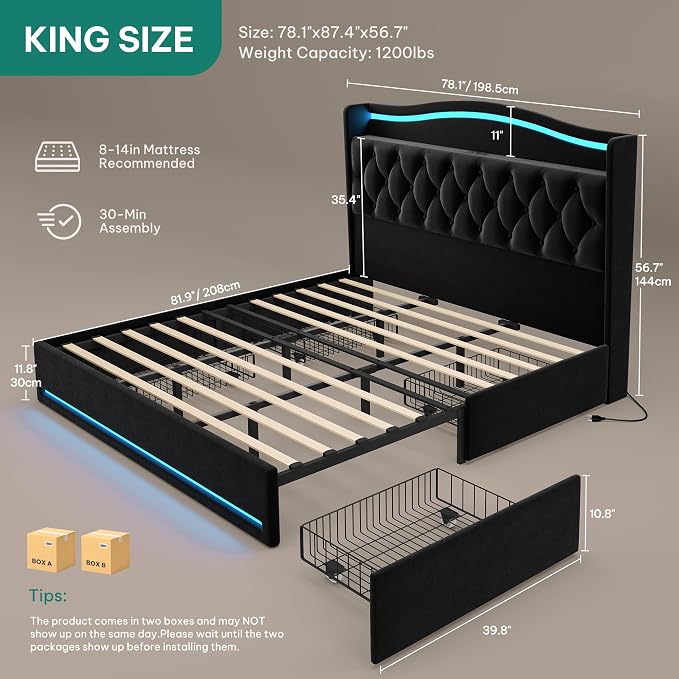 DWVO King Size Bed Frame with 4 Storage Drawers and RGB LED Lights, 57'' Tall Headboard Velvet Upholstered Bed with Charging Station, No Box Spring Needed, Easy Assembly, Noise-Free, Black