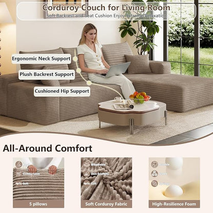95" Cloud Sectional Couch with L-Shape Chaise, Modular Comfy Sofa Chaise Longue, Upholstered Corduroy Couches Sleeper with Deep Seat for Living Room Bedroom, No Assembly Required(Camel, Right Facing)