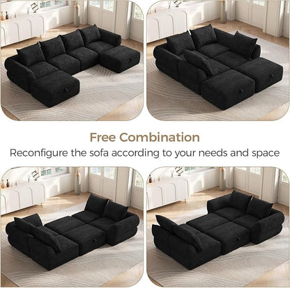 132" Modular Sectional Sofa with Deep Seat, U-Shaped Cloud Couch for Living Room, 4-Seater Boneless Sofa with 2 Ottomans, Flexible Combination Upholstery Sofa, No Assembly Required, Graphite Black