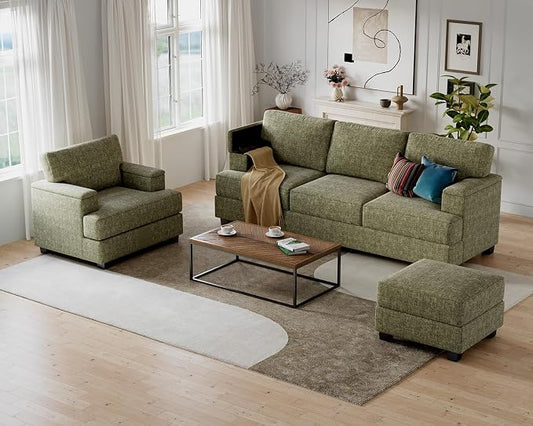 85'' L Shaped Couch with Armrest Organizer,Comfy 3 Seats Sofa with Thick Cushion,Chenille Sectional Couches for Living Room,Bedroom,Apartment,Sofa Set with Oversized Chair,Home Furniture,Green