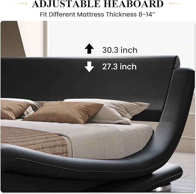 SHA CERLIN Queen Size Upholstered Bed Frame, Deluxe Low Profile Sleigh Bed with Faux Leather Ergonomics Headboard, No Box Spring Needed & Easy Assembly, Black