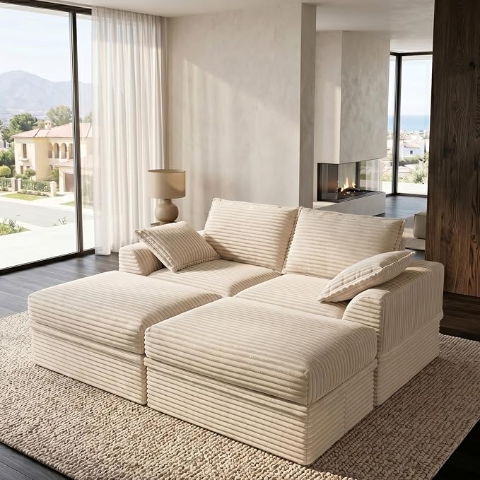 Upgrade Boneless Couch with Storage, Extra Deep&High Seat Modular Sectional Sofa 2 Seater Loveseat Sofa with Ottoman, Tool-Free Assembly Sectional Couches for Living Room Bedroom Apartment