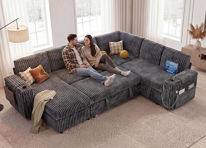 WEUP 111" Modular Sectional Sleeper Sofa with Pull Out Bed, 7 Seat Plush Corduroy L Shaped Couch with Storage Chaise|USB Ports|Cup Holders|Side Table|Storage Armrests, Tool Free Assembly, Grey
