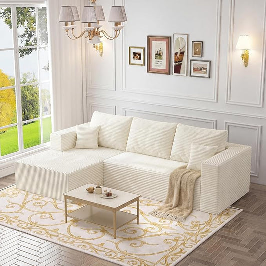 92.5" Modular Sectional Sofa, L-Shaped Cloud Couch with Deep Seat & Chaise, Premium Corduroy Boneless Couches for Living Room/Bedroom/Small Space,No Need Assembly,Beige(Left Facing Chaise)