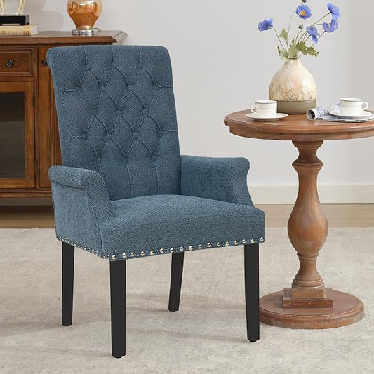adochr Upholstered Fabric Accent Dining Chair, Arm Dining Chair with Elegant Tufted Club for Dining Room Kitchen Room, Dark Blue