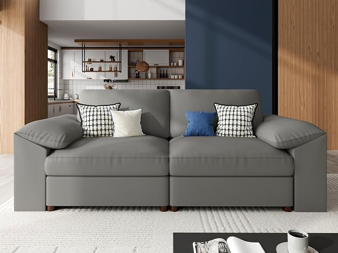 EASE MOOSE Loveseat Sofa for Living Room,Oversized Deep Seat Modular Sectional,Modern Comfy 2 Seater Sofas,Scratch Resistant Faux Leather Couch for Small Spaces,Grey