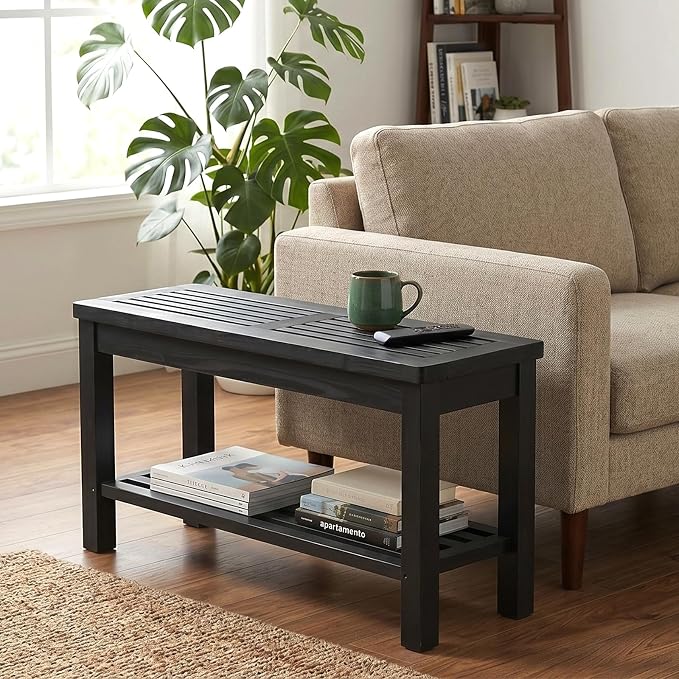 VINGLI Rustic Storage Bench, Solid Wood Seat with Storage Shelf, Indoor Outdoor Shoe Rack, 450lbs Capacity Small Outdoor Bench for Mudroom Entryway Patio Porch (Black, 40in)