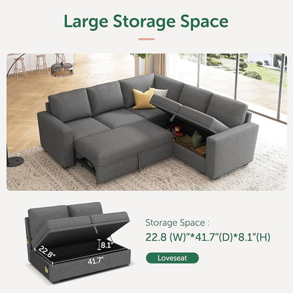 HONBAY Sectional Sleeper Sofa with Pull Out Bed, L Shaped Couch with Storage Seat, Modular Sectional Couches for Living Room, Dark Grey