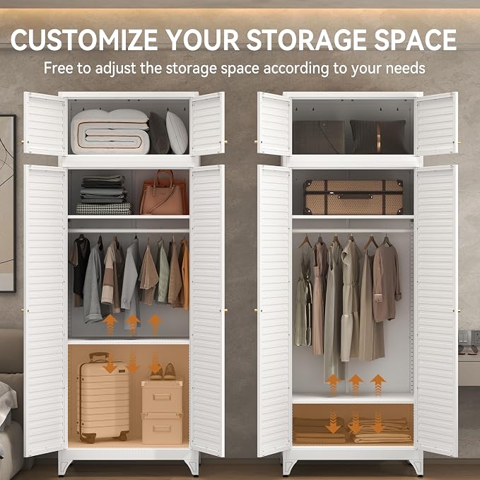 Polup Metal Armoire Wardrobe Closet, 86" Tall Wardrobe Armoire with Hanging Rod, Almirah for Clothes with Doors, 18" D x 32" W x 86" H, White, Assemble Required, Shipped in Two Packages