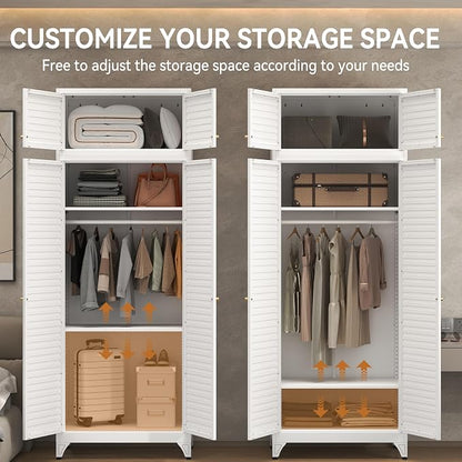 Polup Metal Armoire Wardrobe Closet, 86" Tall Wardrobe Armoire with Hanging Rod, Almirah for Clothes with Doors, 18" D x 32" W x 86" H, White, Assemble Required, Shipped in Two Packages