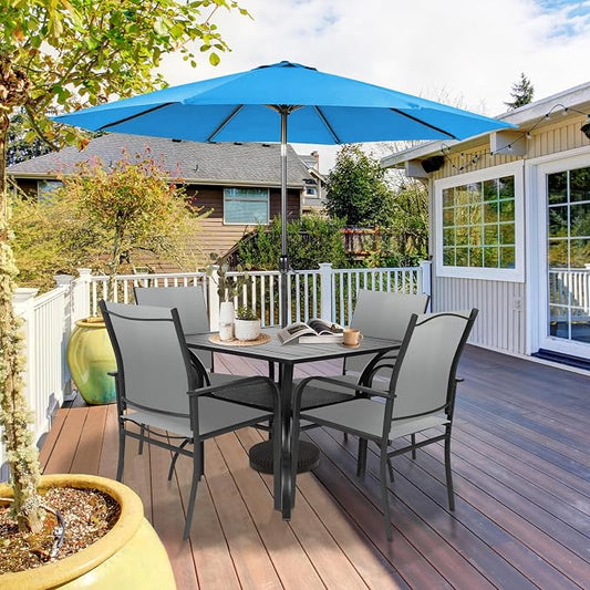 SUNCROWN 6 - Piece Outdoor Dining Set, Patio Furniture Set with 4 Textilene Dinning Chairs, 1 Steel Slat Metal Bistro Table and 1 Sky Blue 9Ft Patio Umbrella for Lawn Garden Backyard Deck, Grey