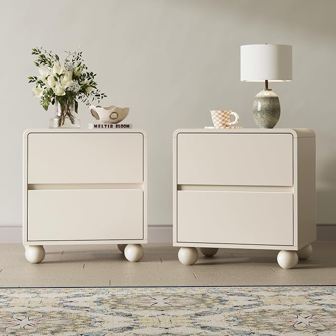 MAISONARIA Mid-Century 3-Piece Dresser Bedroom Set, 6 Drawer Dresser & 2 Drawer Nightstands with Curved Profile Design & Handle Free, Wood Chest of Drawers for Bedroom, Living Room, Hallway, Beige