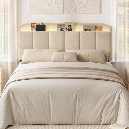 Headboard for Full/Queen Size with LED Light, Upholstered Bed HeadBoard with Storage, Linen Fabric Head Board with Vertical Channel Design, Height Adjustable, Easy to Assemble, Beige