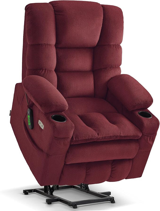 MCombo Triple Motor Lay Flat Power Lift Recliner Chair for Tall Elderly, Infinite Position, Massage, Dual Heating, Adjustable Headrest, Fabric 7634 (Burgundy, Large)
