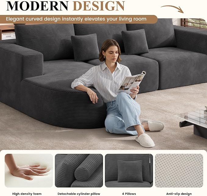 Modern U Shaped Modular Sectional Sofa, Convertible Oversized Cloud Couches for Living Room, Comfy 8 Seater Corduroy Boneless Couch Sofa Set, No Assembly Required, Beige 1 PCS